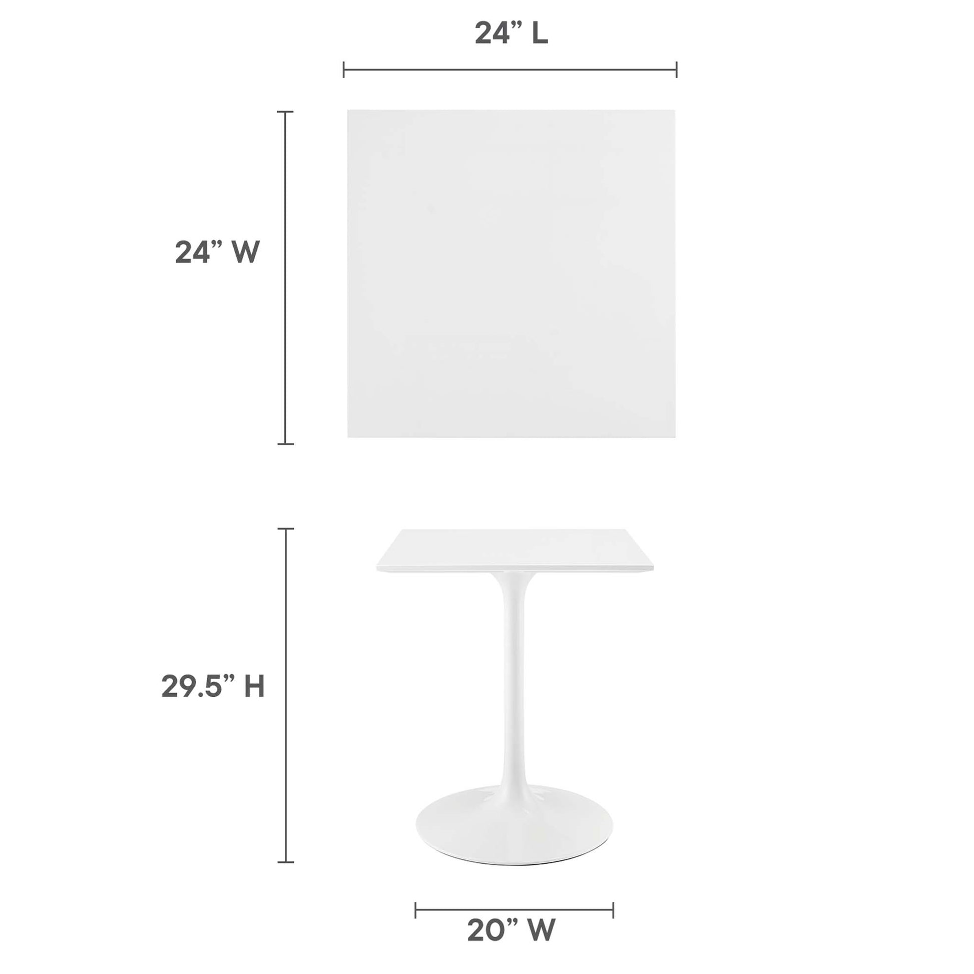 White tulip-style pedestal end table with 24x24in square top, 29.5in tall, 20in footprint.