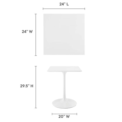 White tulip-style pedestal end table with 24x24in square top, 29.5in tall, 20in footprint.