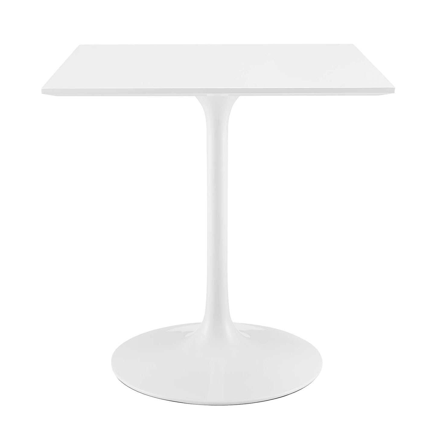 White square-top pedestal table with a slender tulip-style curved stem and round base.