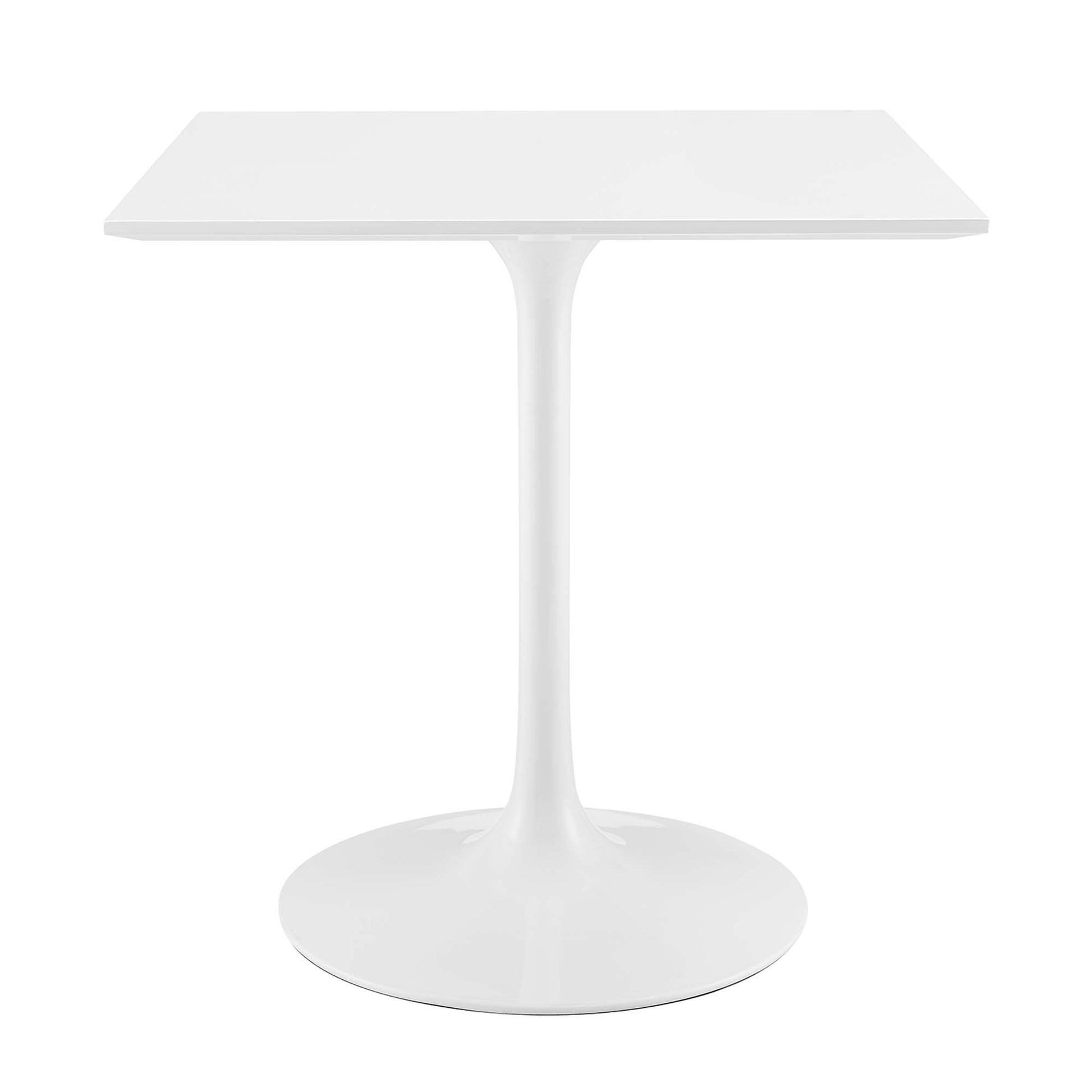 White square-top pedestal table with a slender tulip-style curved stem and round base.