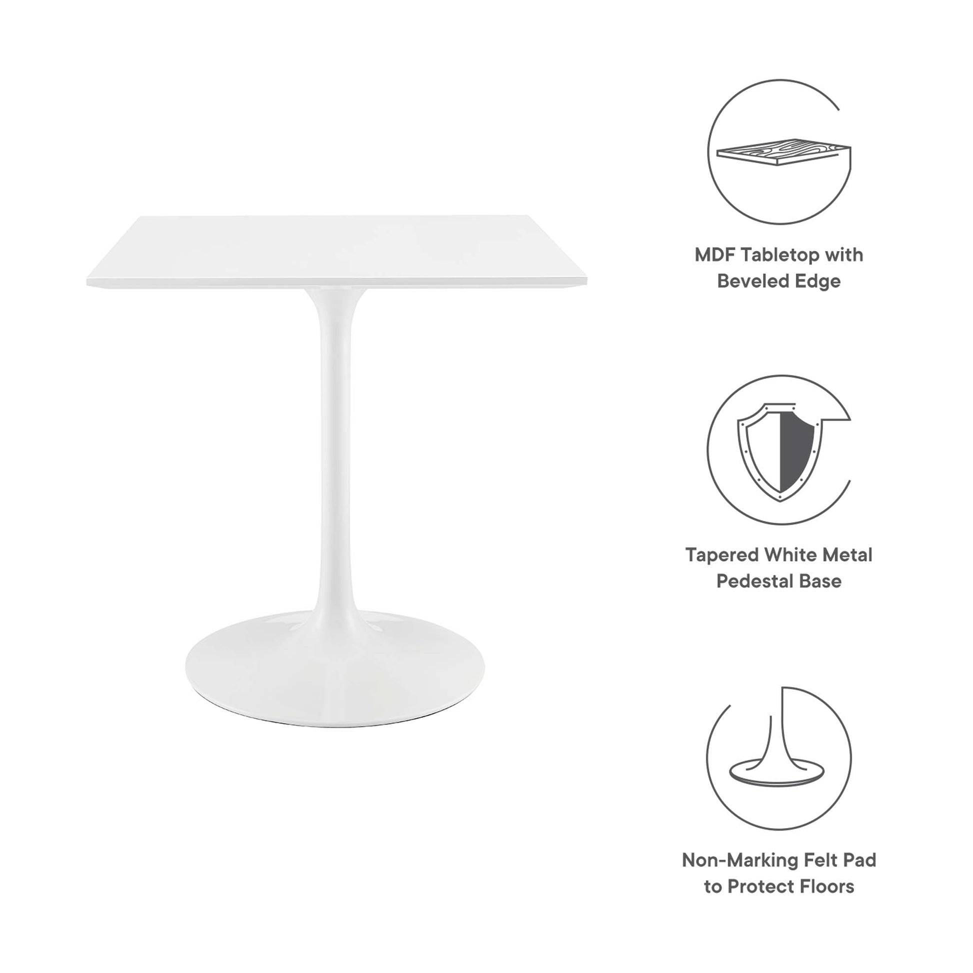 White MDF tabletop with beveled edge on a tapered white metal pedestal and round base; non-marking felt pads.