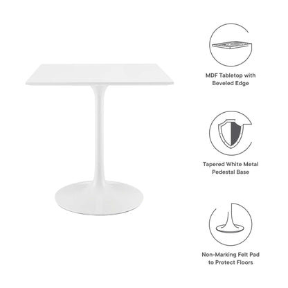White MDF tabletop with beveled edge on a tapered white metal pedestal and round base; non-marking felt pads.