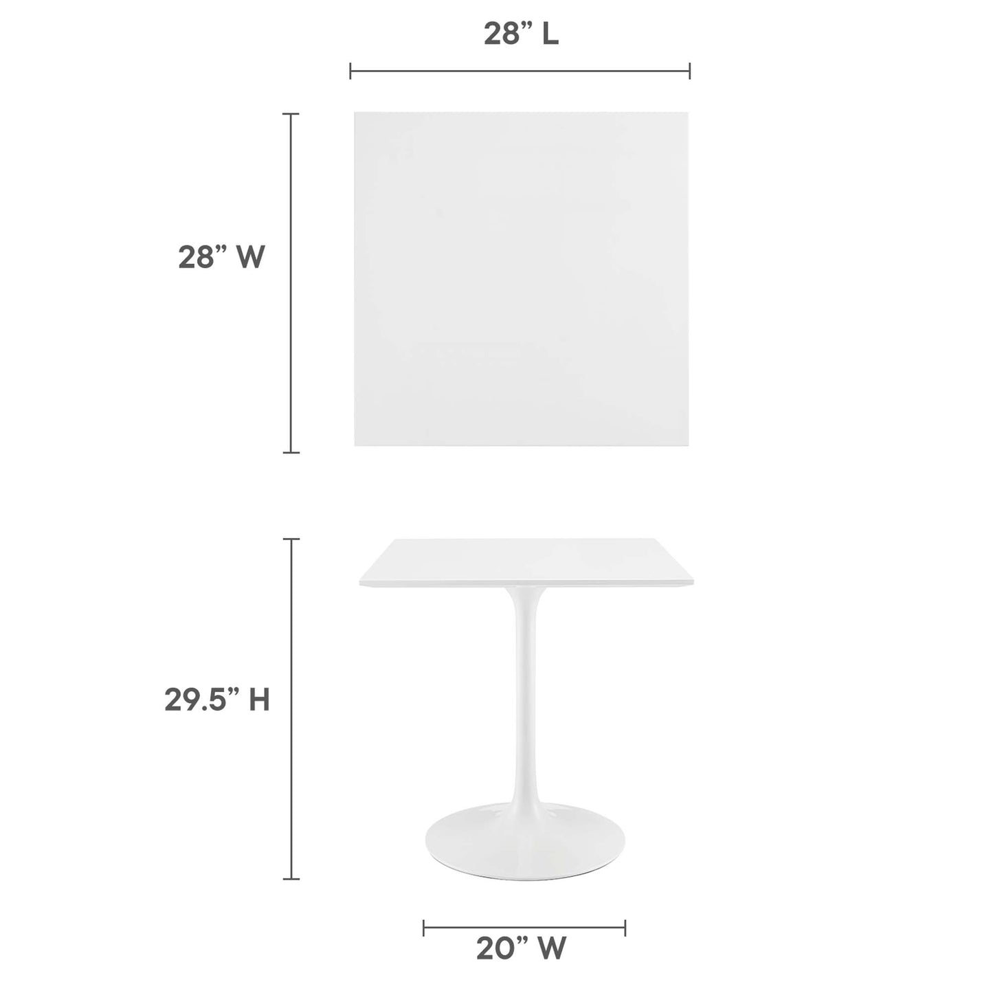 White 28-inch square wood dining table with straight legs.