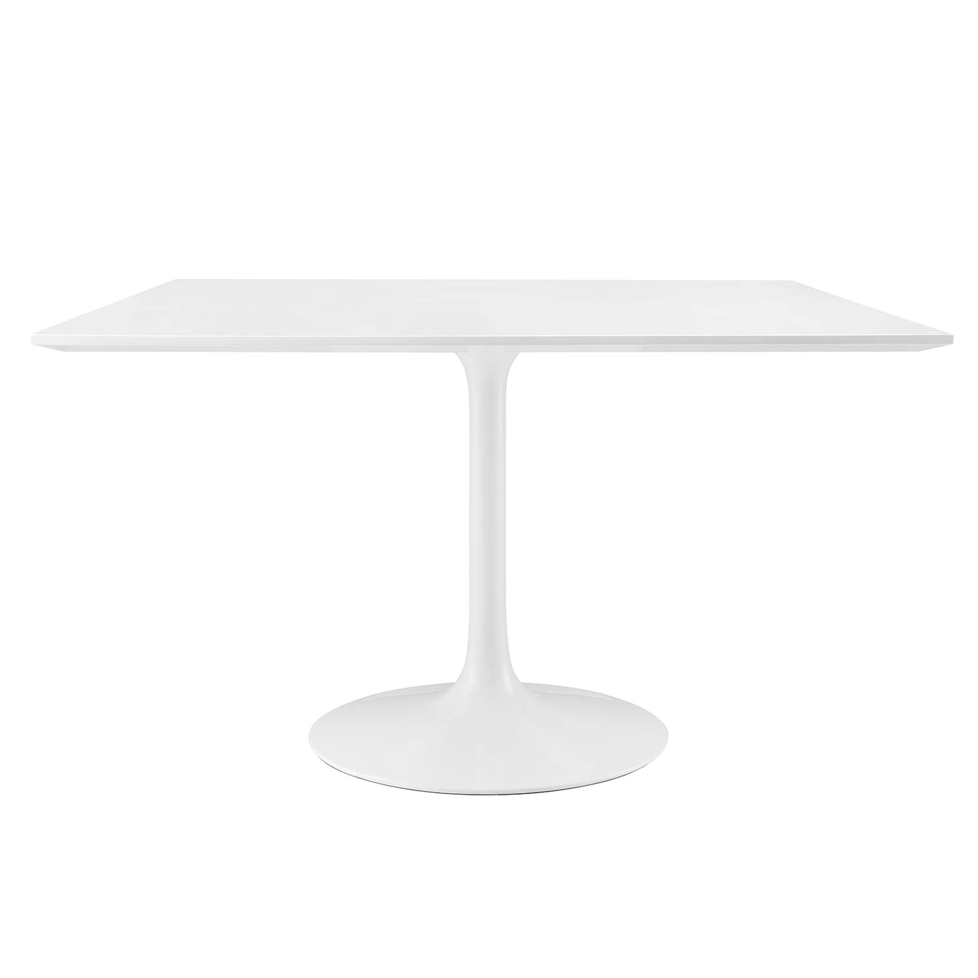 White tulip-style pedestal dining table with a square top and round pedestal base.