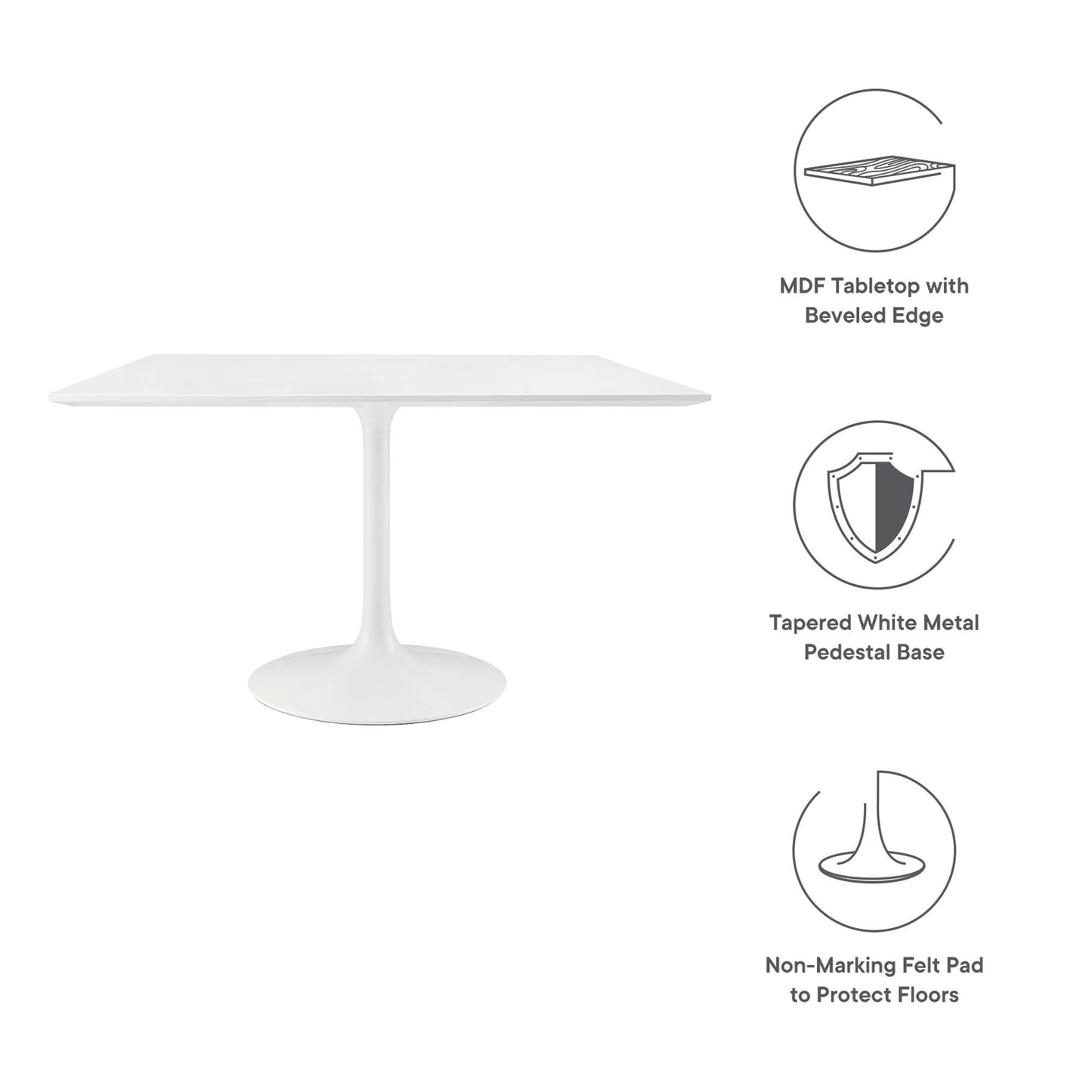 White MDF tabletop with beveled edge on a tapered white metal pedestal base; non-marking felt pads.