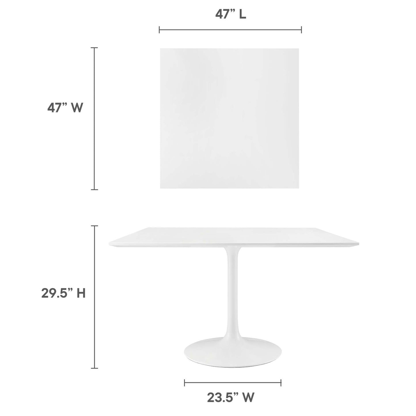 White square dining table on a tulip pedestal base; 29.5" high, top 47" square, base 23.5" diameter.