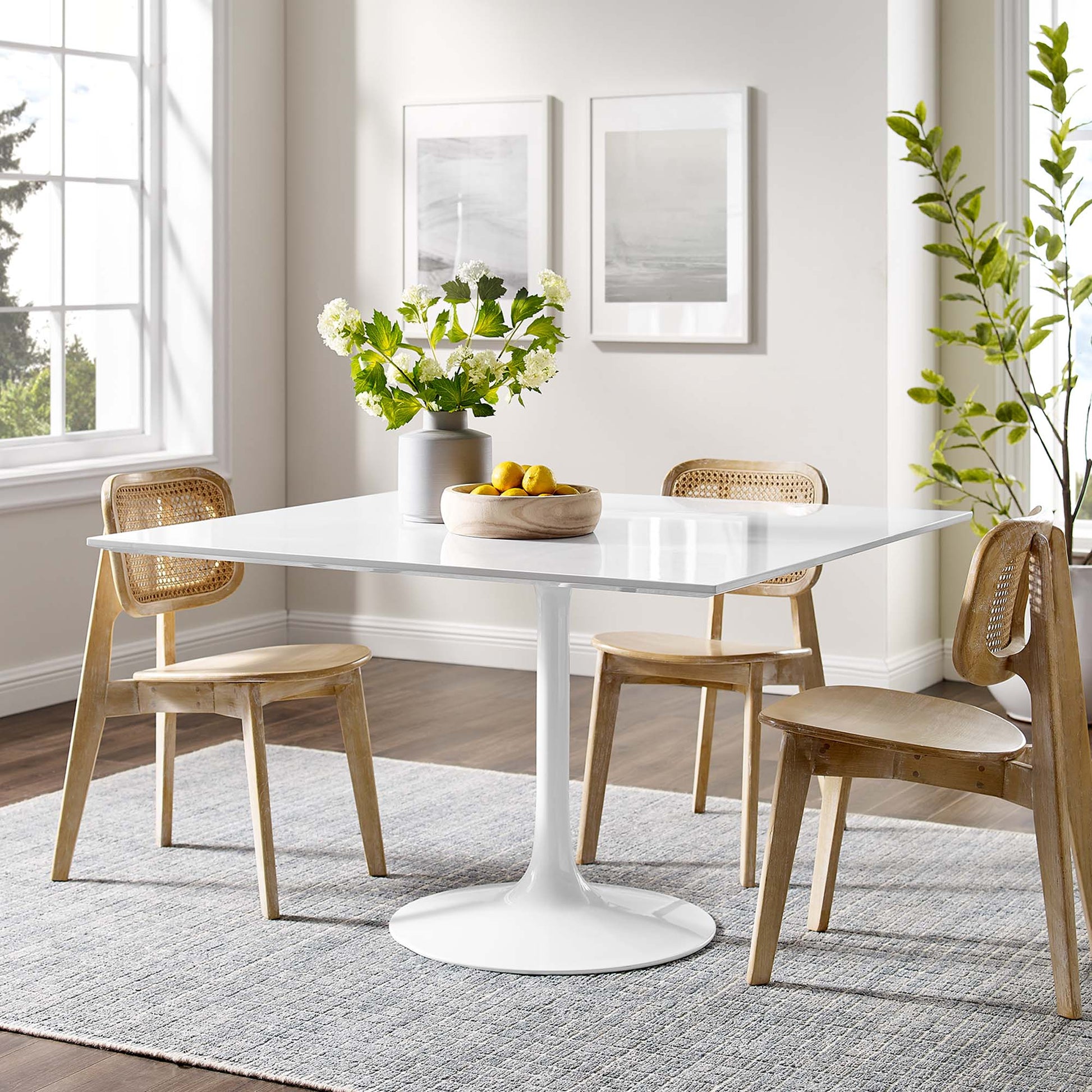 White 48-inch square wood dining table.