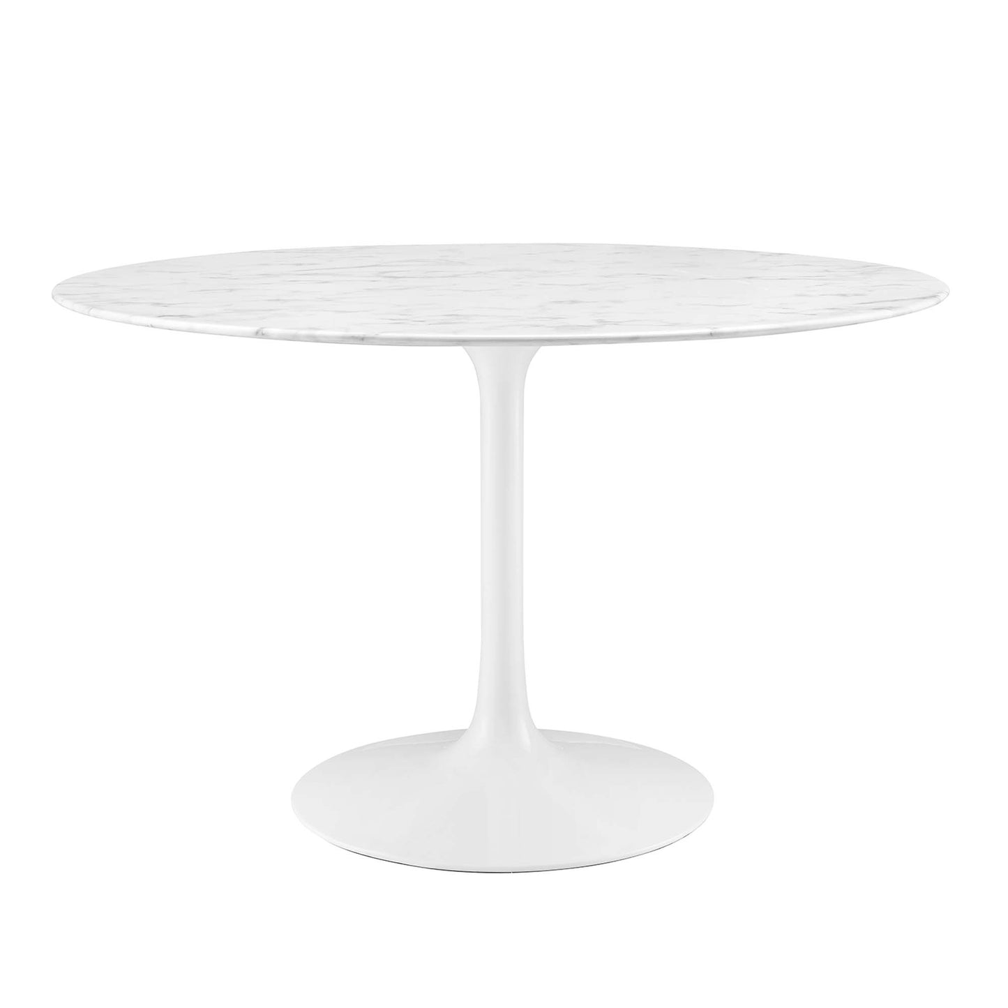 White round faux marble-top table on a tulip pedestal.