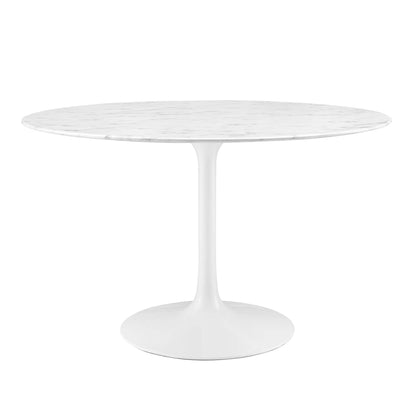 White round faux marble-top table on a tulip pedestal.