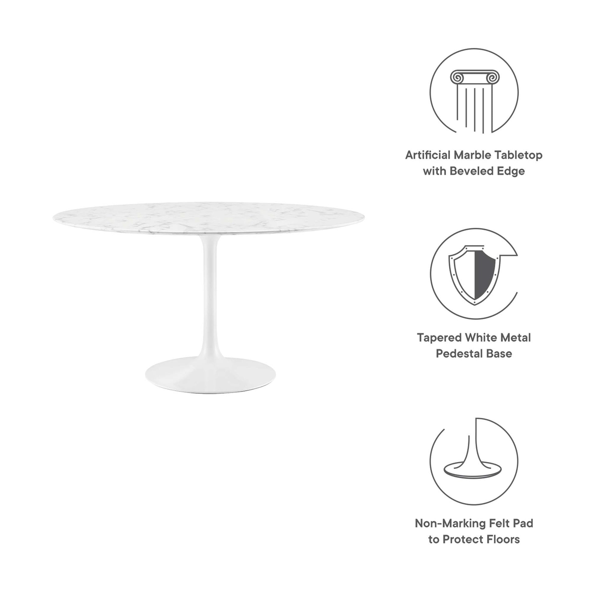 Round white marble tabletop with beveled edge atop a tapered white metal pedestal base; includes non-marking felt pads.