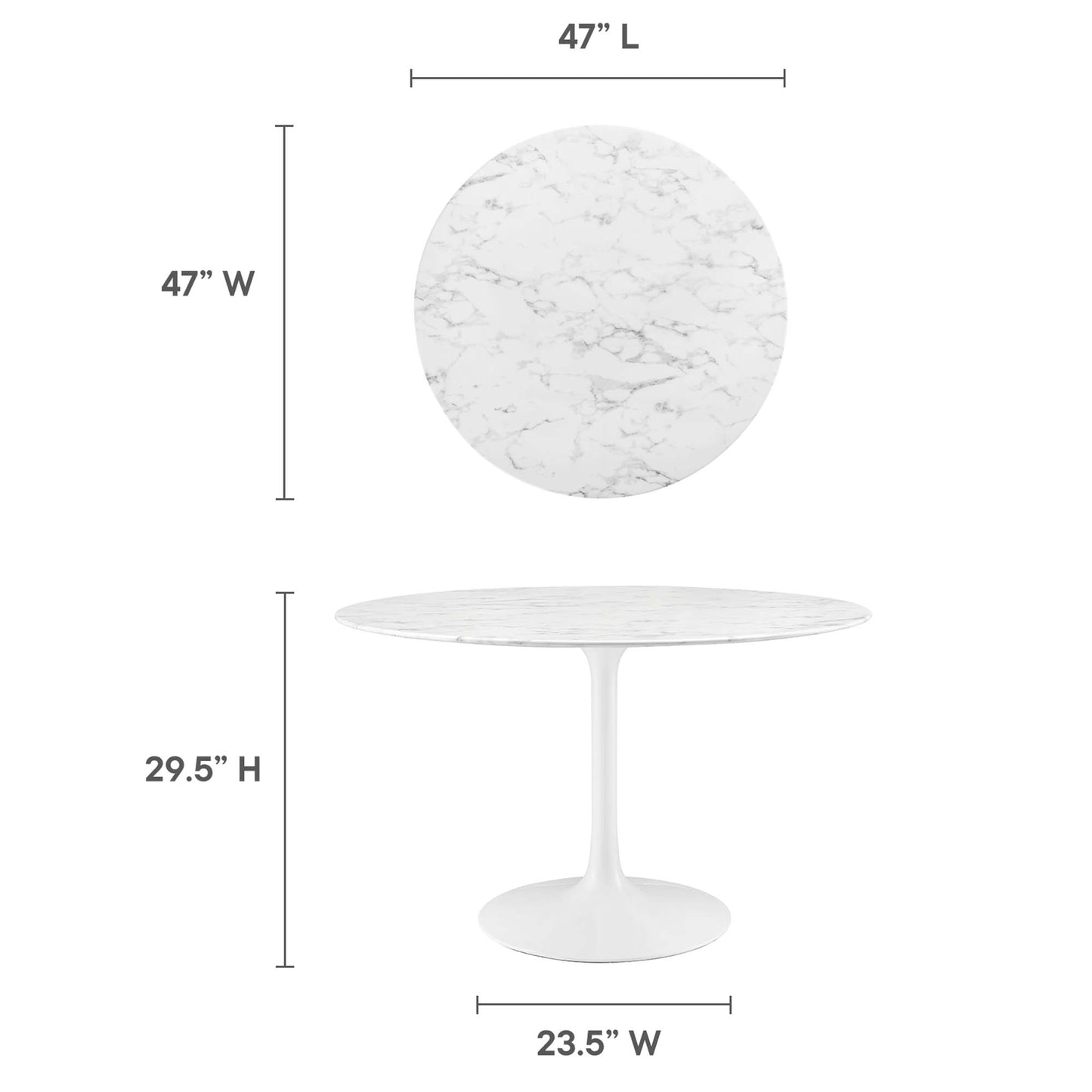 Round white marble tabletop, 47" dia, on white tulip pedestal base; modern dining table, 29.5" H.
