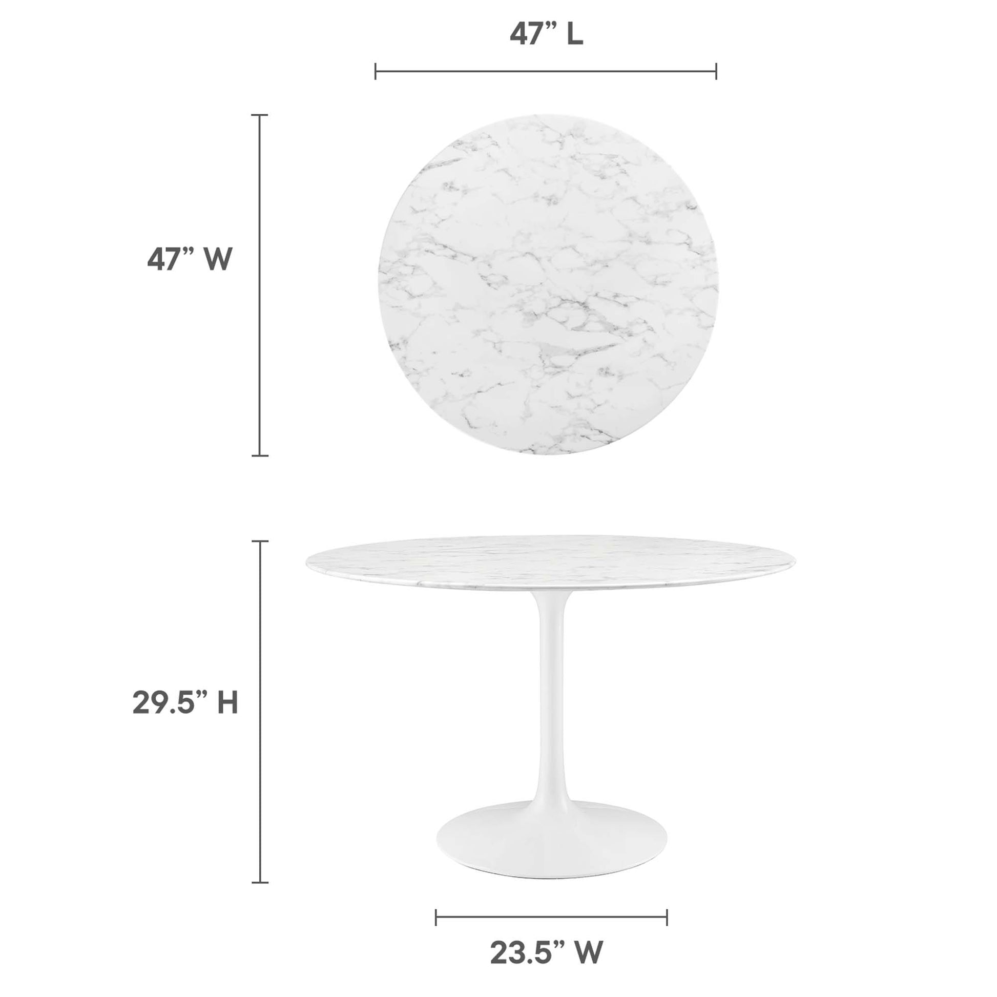 Round white marble tabletop, 47" dia, on white tulip pedestal base; modern dining table, 29.5" H.
