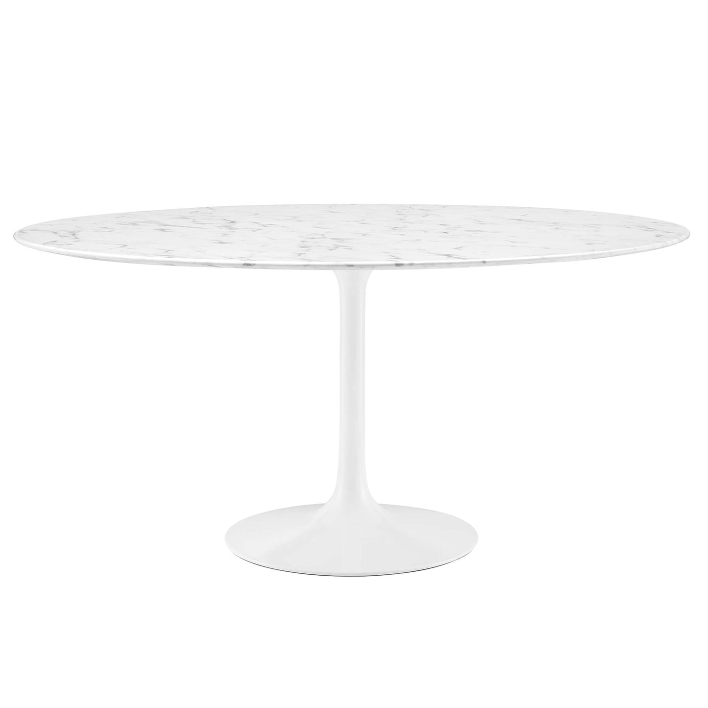 White round faux marble-top dining table on a single tulip pedestal with a circular base.