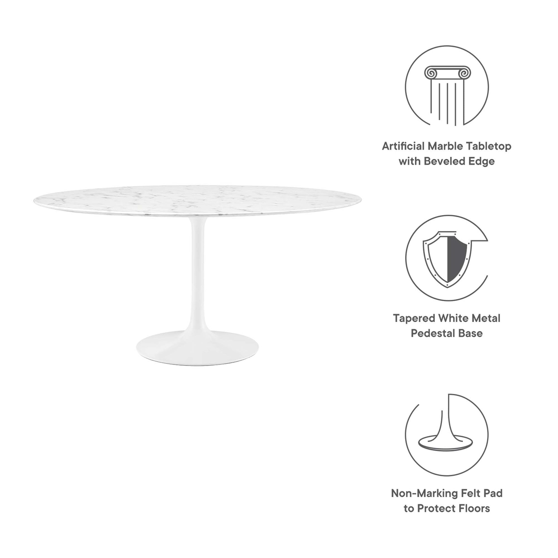 Round white artificial marble tabletop with beveled edge on a tapered white metal pedestal base; non-marking felt pads.