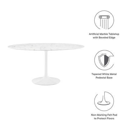 Round white artificial marble tabletop with beveled edge on a tapered white metal pedestal base; non-marking felt pads.