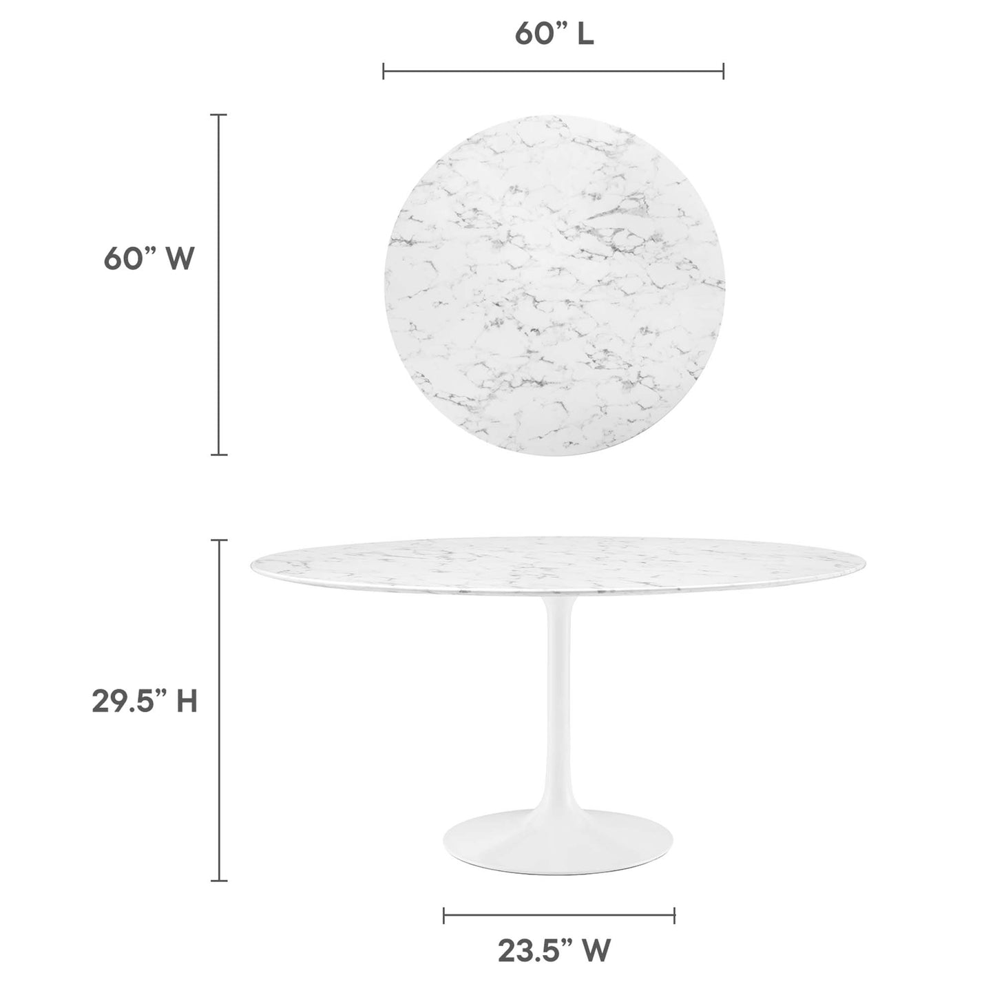 White round marble-top dining table with subtle grey veining on a white tulip pedestal base; mid-century modern, 60" diameter.