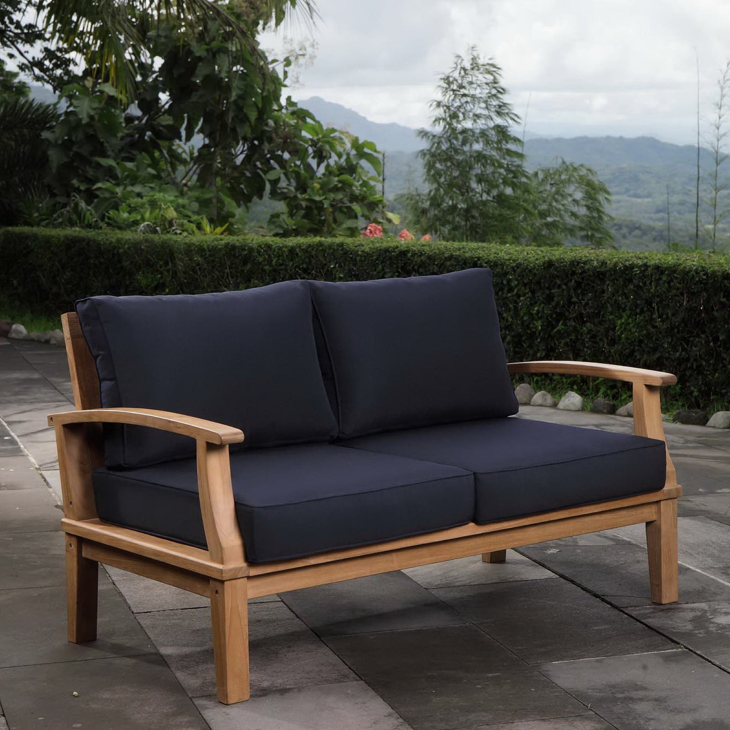 Modway - Marina Outdoor Patio Teak Loveseat by Modway  Outdoor Furniture Sofa Sectionals Blue - EEI-1144-NAT-NAV-SET