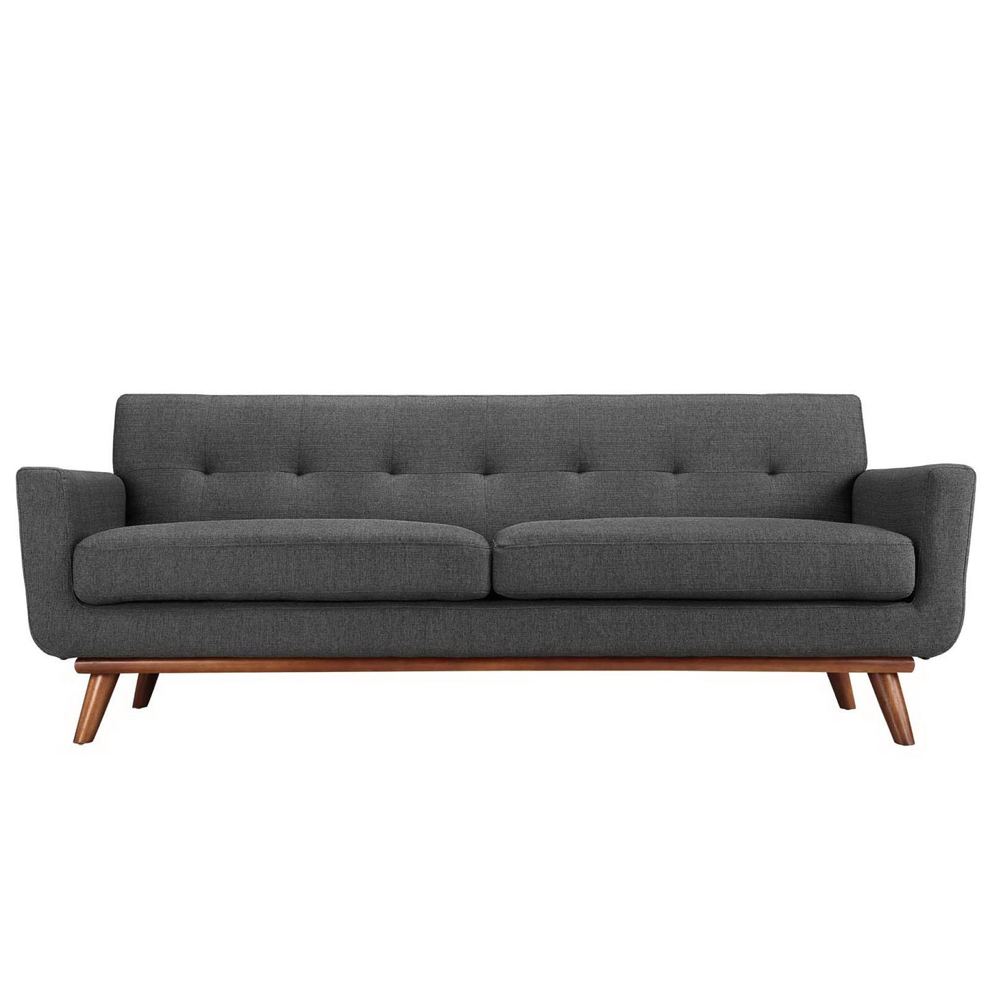Dark gray mid-century fabric sofa with tufted back, two cushioned seats, and angled wooden legs.