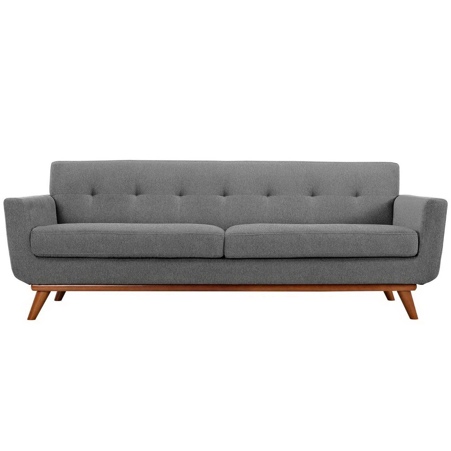Grey mid-century fabric sofa with tufted back, two-seat cushions, rounded arms and wooden angled legs.