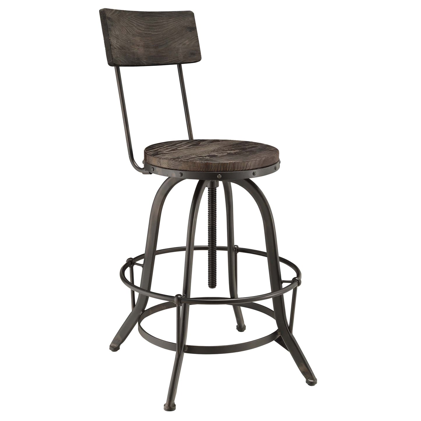 Industrial black stool with dark wood round seat and backrest, metal curved legs, circular footrest, adjustable height screw
