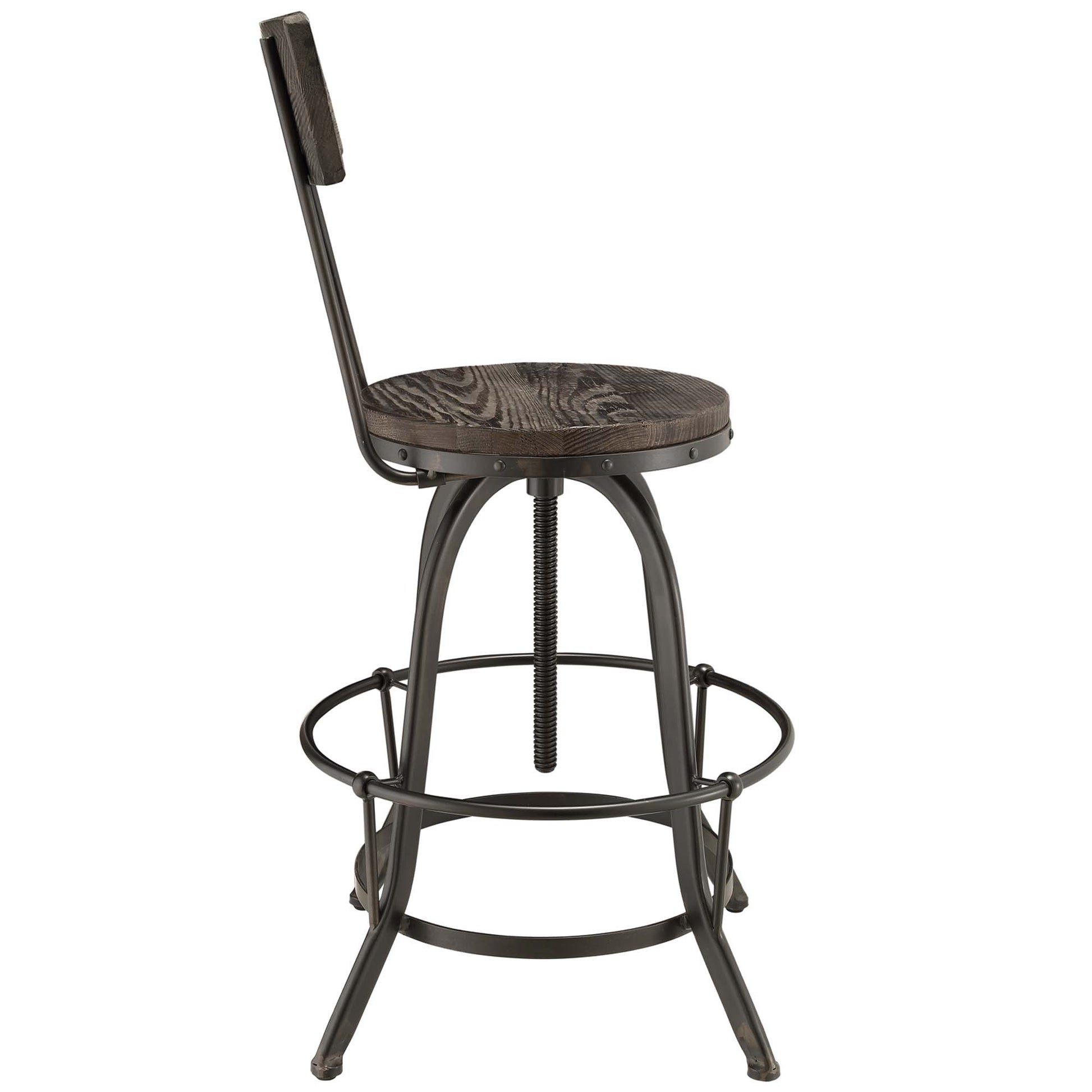 Black-finish wood bar stool with round dark wood seat, curved legs, circular footrest and padded backrest.