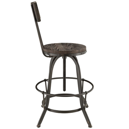 Black-finish wood bar stool with round dark wood seat, curved legs, circular footrest and padded backrest.