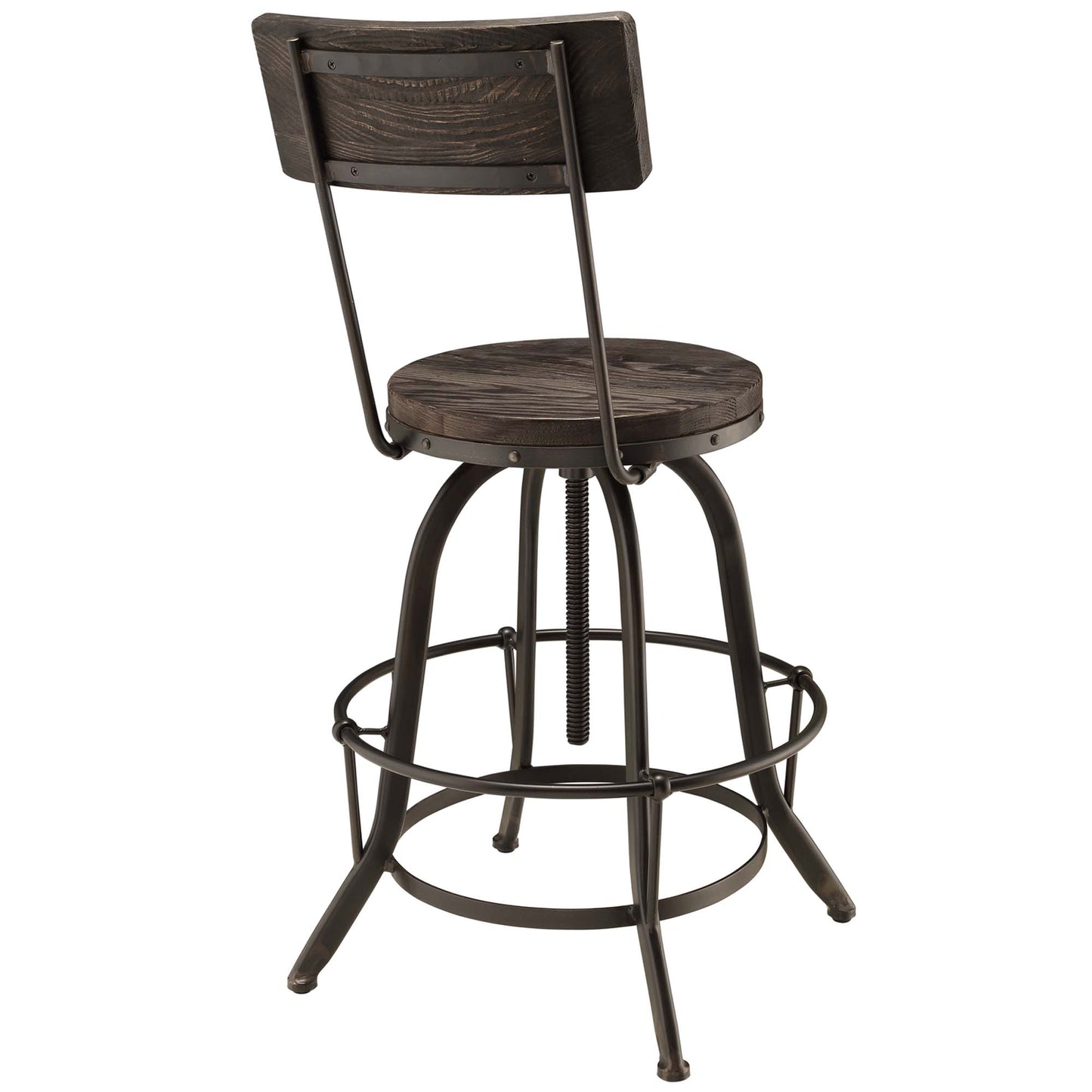 Wood bar stool with dark brown round seat and backrest, black metal frame and circular footrest.