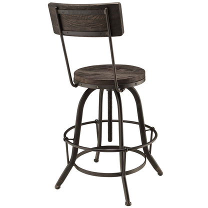 Wood bar stool with dark brown round seat and backrest, black metal frame and circular footrest.