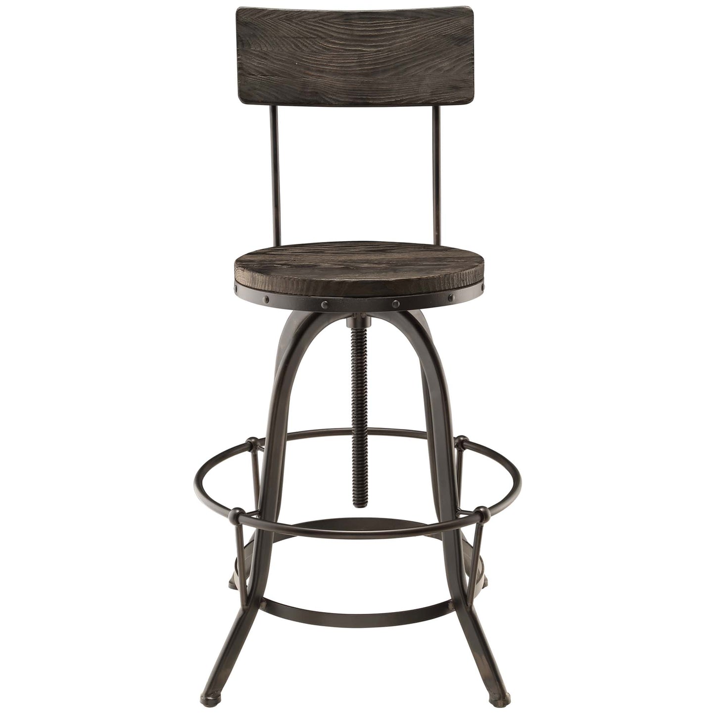 Industrial bar stool with dark wood seat and back, curved metal legs, threaded central post, circular footrest.