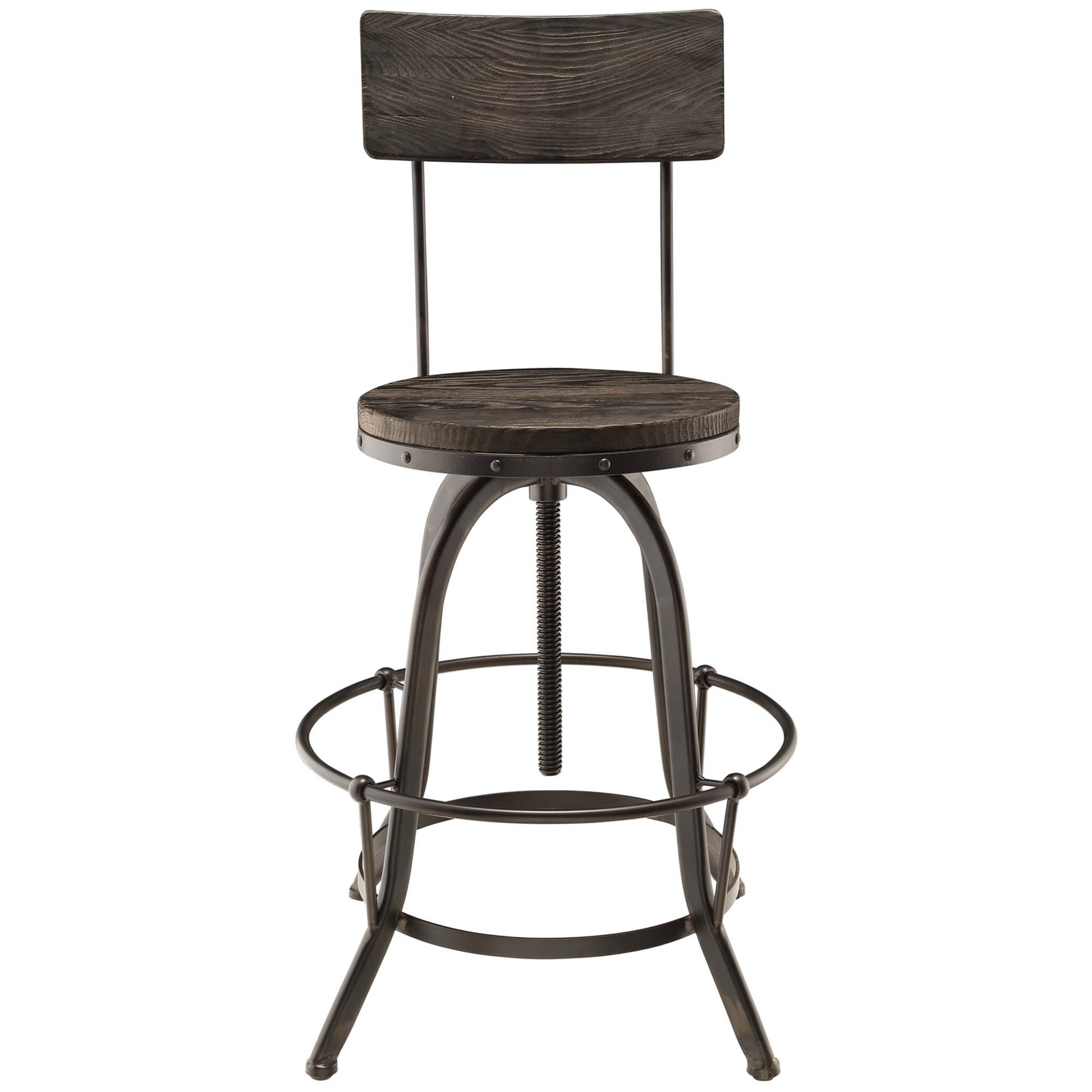 Industrial bar stool with dark wood seat and back, curved metal legs, threaded central post, circular footrest.