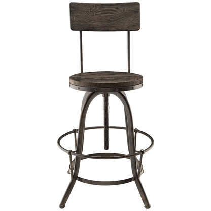 Industrial bar stool with dark wood seat and back, curved metal legs, threaded central post, circular footrest.