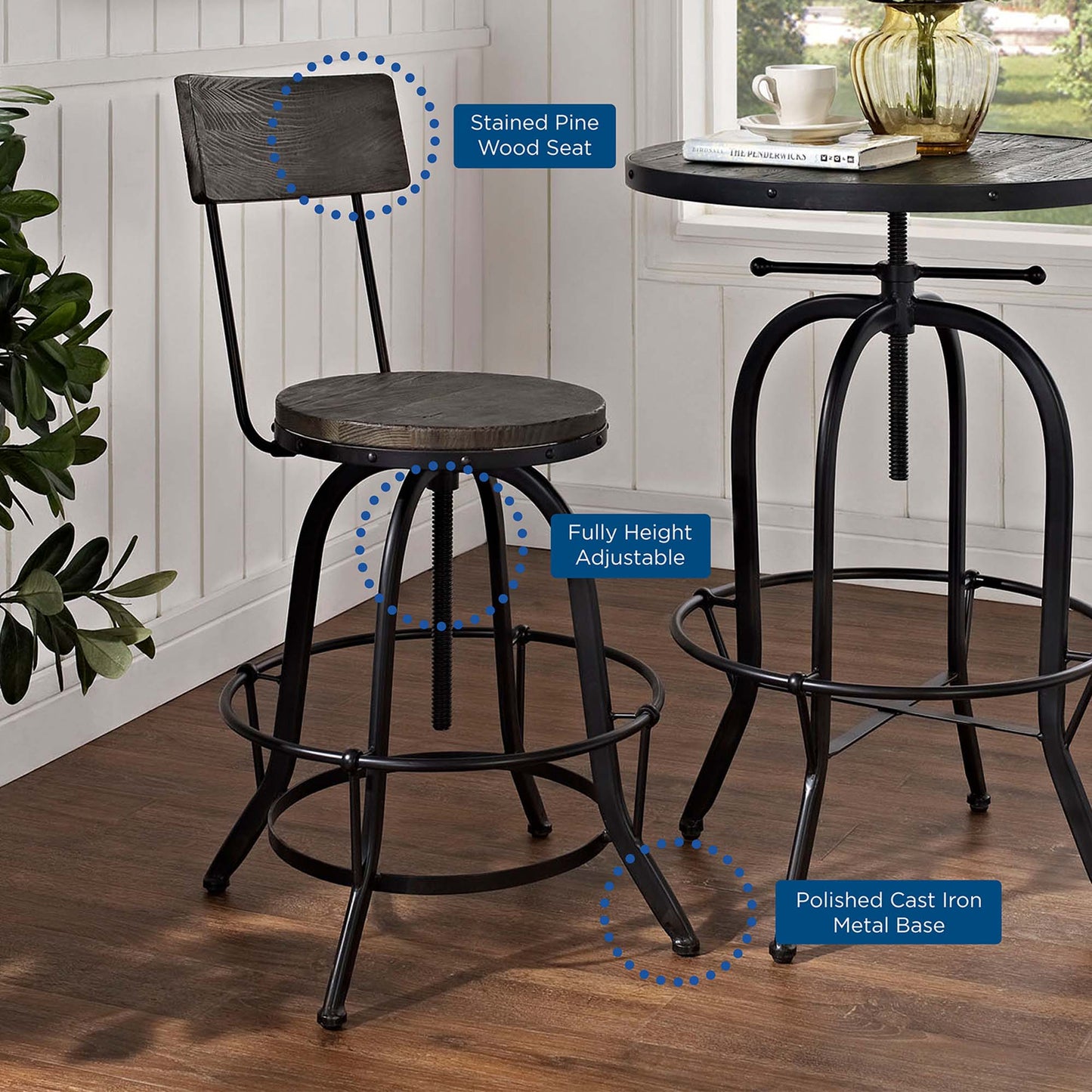 Industrial black bar stool: stained pine wood seat, polished cast iron base, fully adjustable height, with round footrest.