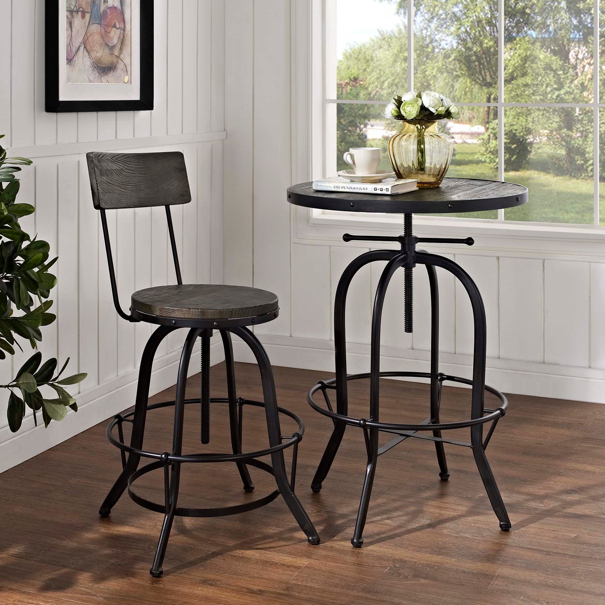 Black wood bar stool with curved legs and wood seat.