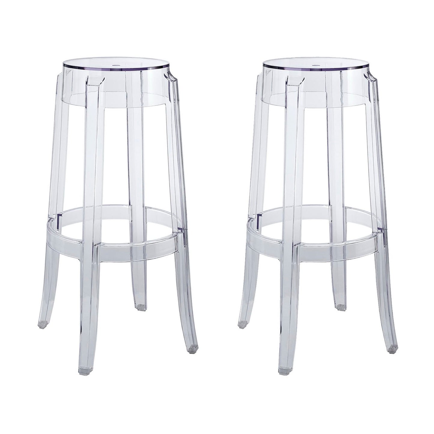 Pair of clear acrylic bar stools with round seats, four slender legs, and circular footrests.