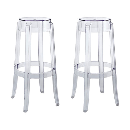 Pair of clear acrylic bar stools with round seats, four slender legs, and circular footrests.