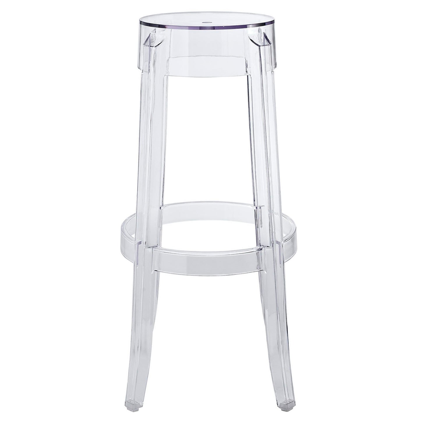 Clear acrylic bar stool with a round seat, four tapered legs, and a circular footrest; modern transparent design.