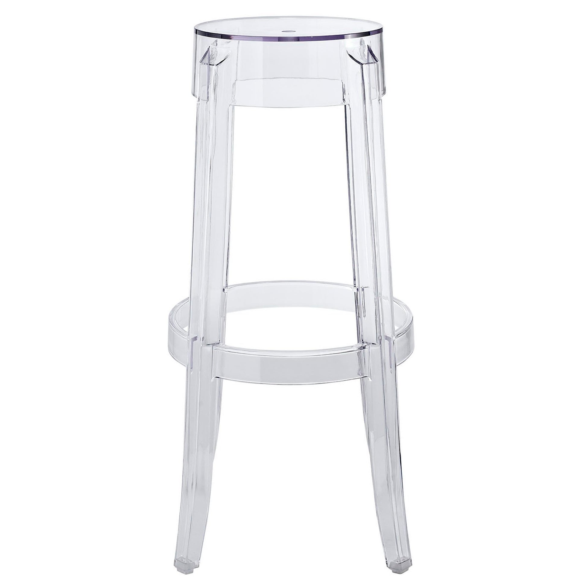 Clear acrylic bar stool with a round seat, four tapered legs, and a circular footrest; modern transparent design.