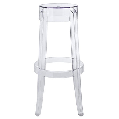 Clear acrylic bar stool with a round seat, four tapered legs, and a circular footrest; modern transparent design.