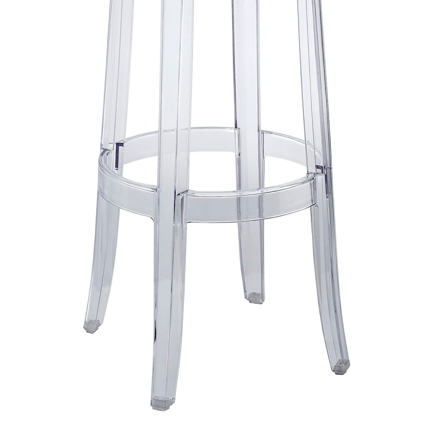 Clear acrylic bar stool legs with circular footrest, modern transparent design.