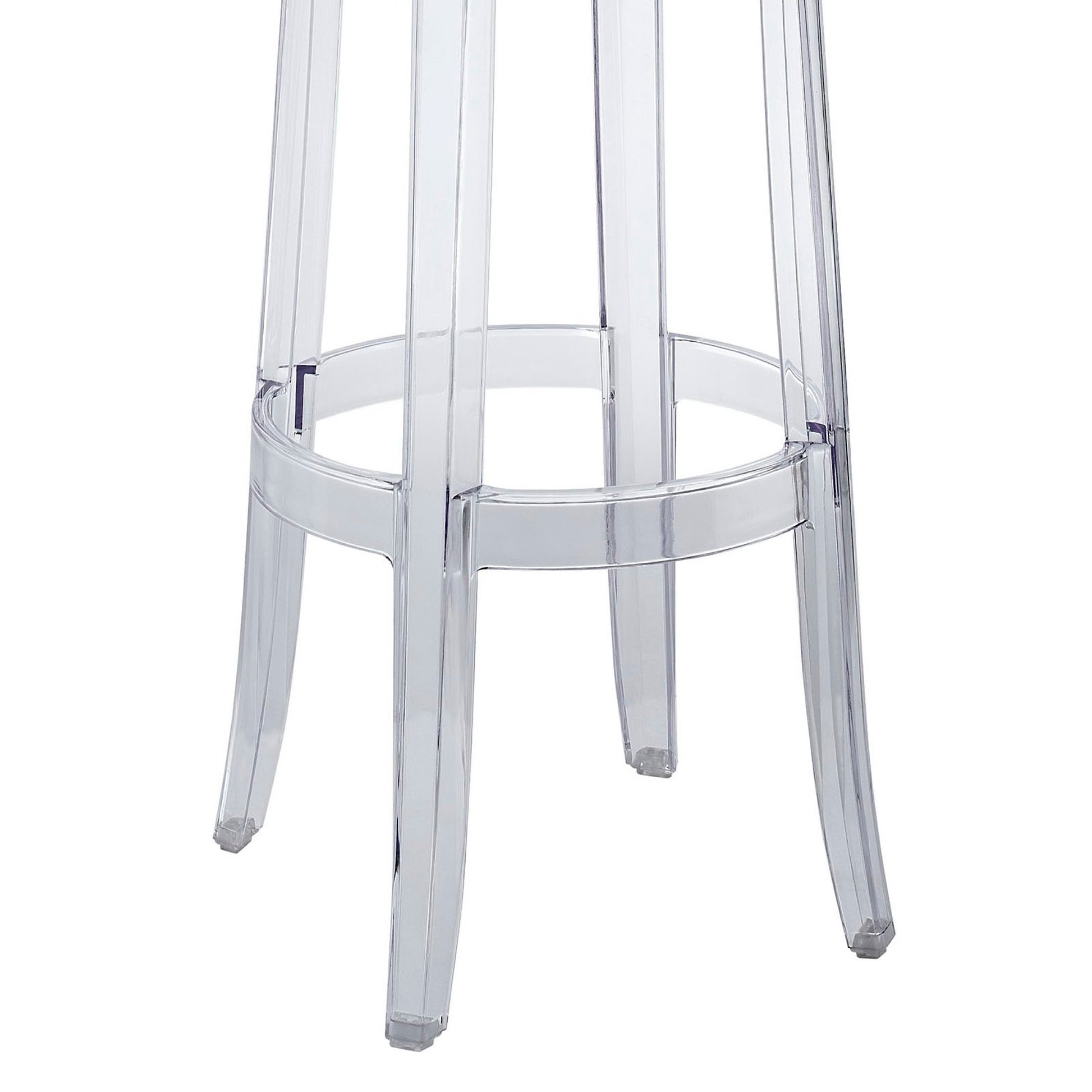 Clear acrylic bar stool legs with circular footrest, modern transparent design.