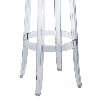 Clear acrylic bar stool legs with circular footrest, modern transparent design.