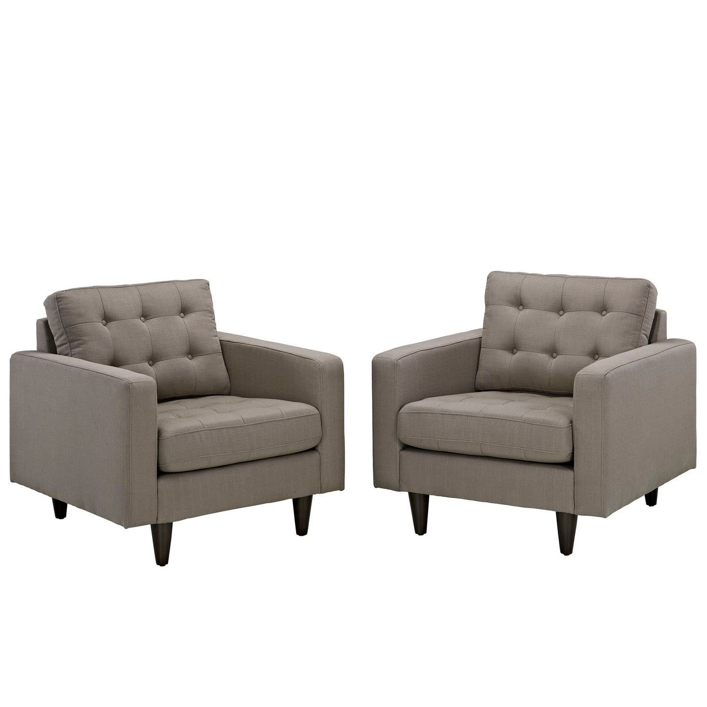 Taupe-gray fabric armchairs with tufted back cushions, square arms, and tapered wooden legs; a matching living room pair.