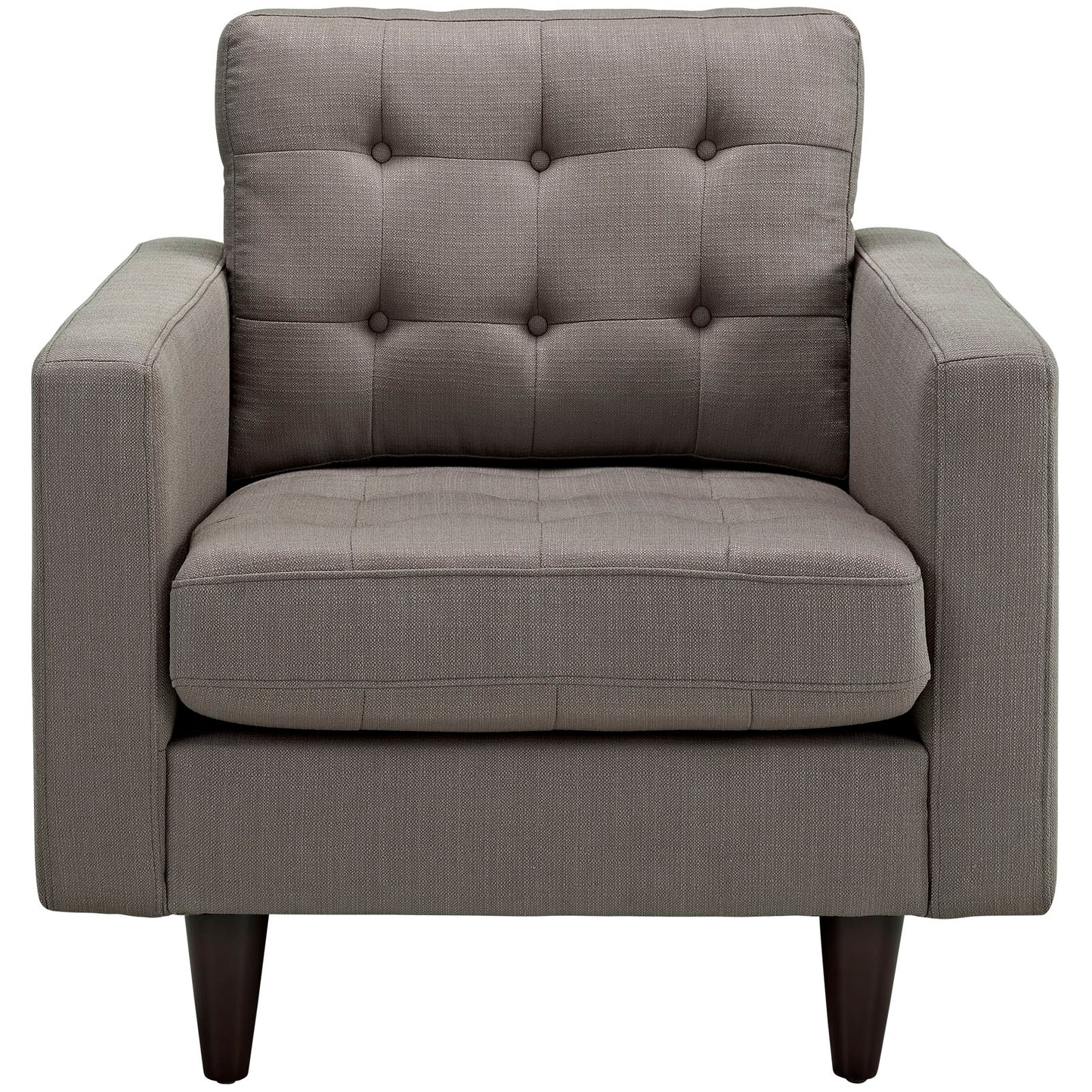 Pair of gray textured fabric upholstered armchairs with tufted back and seat, boxy arms, and tapered dark wood legs.