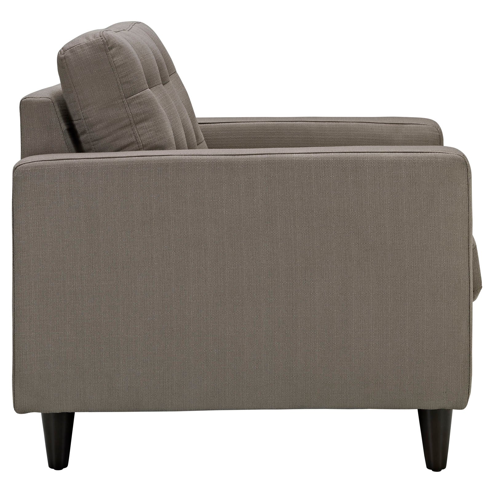 Taupe fabric accent armchair with cushioned back & seat, straight arms & dark tapered legs.