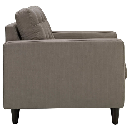Taupe fabric accent armchair with cushioned back & seat, straight arms & dark tapered legs.