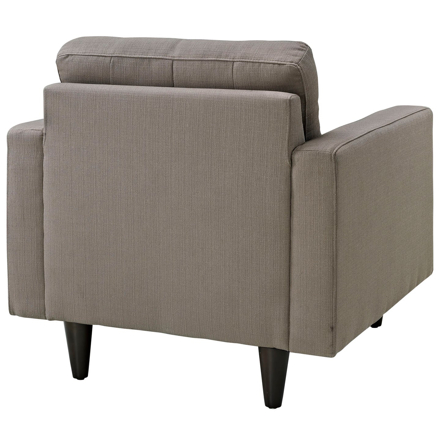 Gray fabric upholstered armchair with a boxy silhouette, back cushions, and dark tapered wood legs.