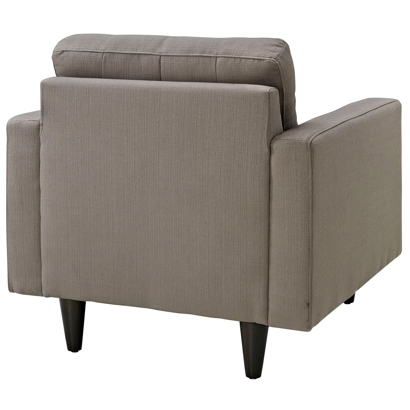 Gray fabric upholstered armchair with a boxy silhouette, back cushions, and dark tapered wood legs.