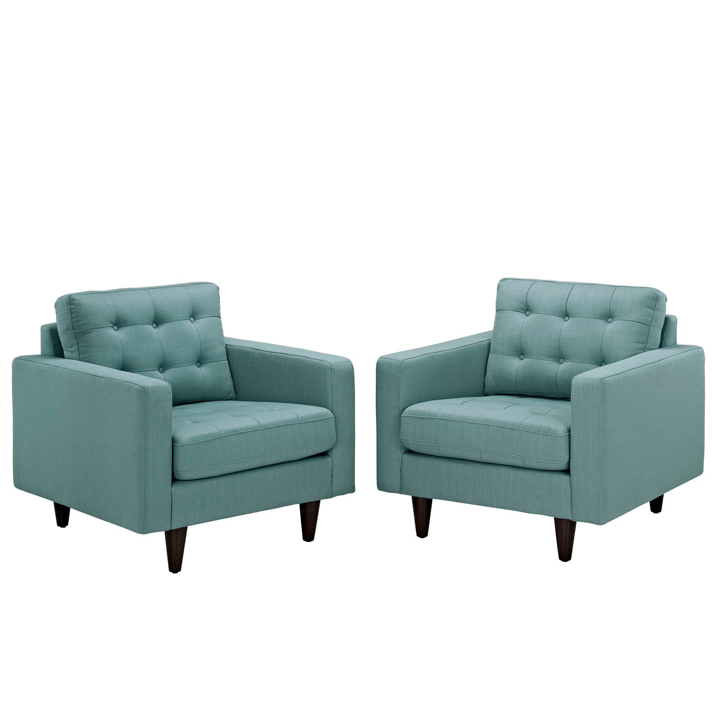 Pair of teal fabric armchairs with tufted back cushions, square arms, and mid-century wooden legs.