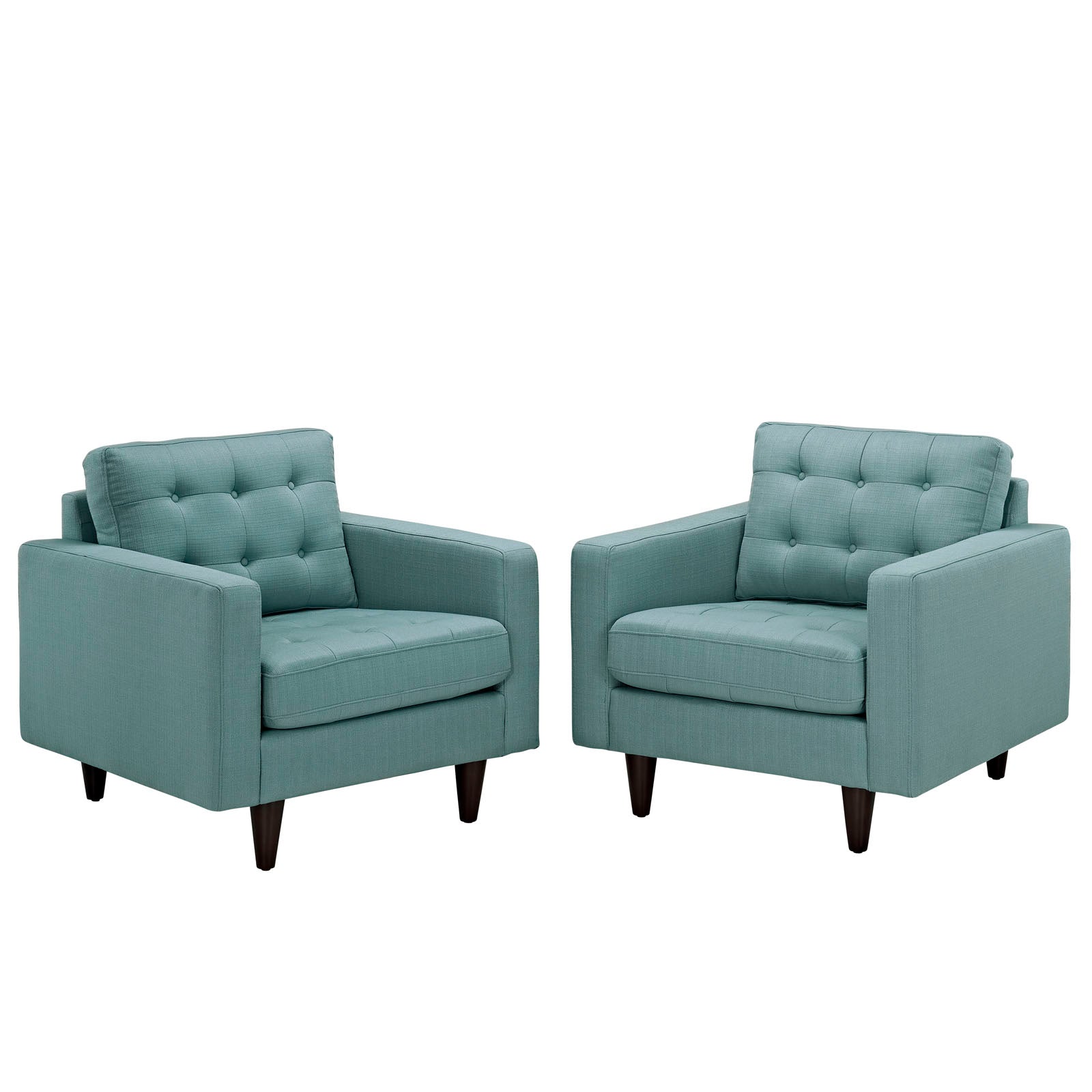 Pair of teal fabric armchairs with tufted back cushions, square arms, and mid-century wooden legs.