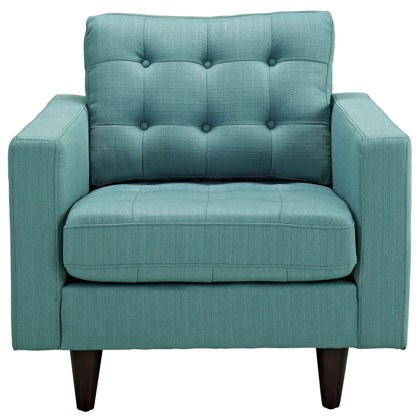 Teal tufted fabric armchair with square arms, cushioned seat & back, button-tufted back, dark wooden tapered legs.